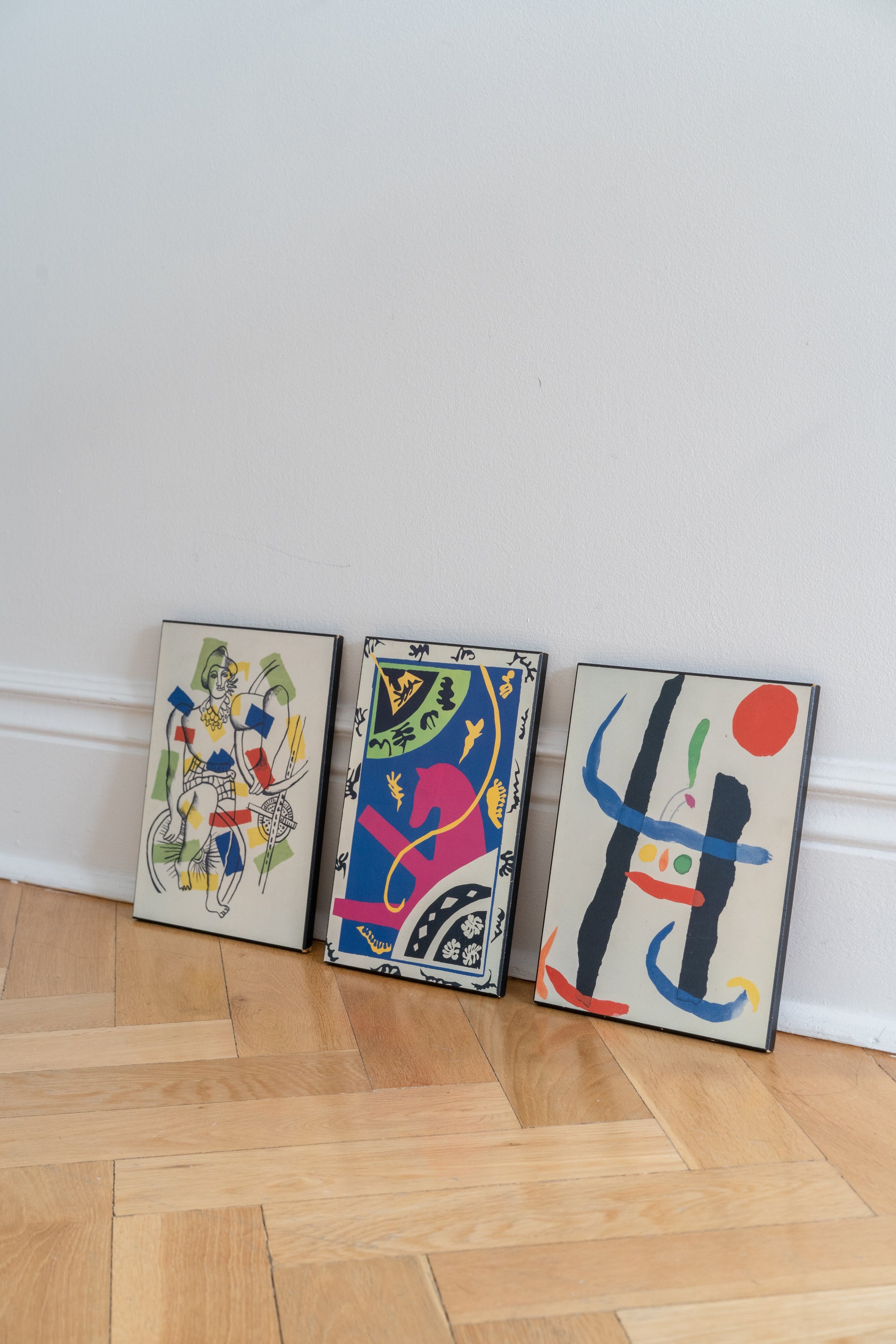 Plaque mounted art prints (Léger, Matisse, Miró)